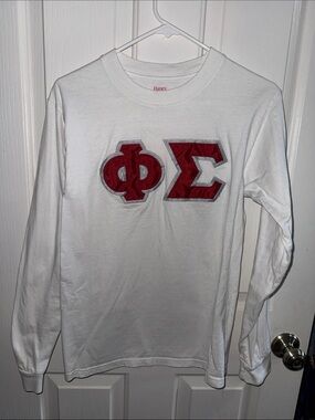 Hanes mens White Long Sleeve Tee with Red Greek Letters